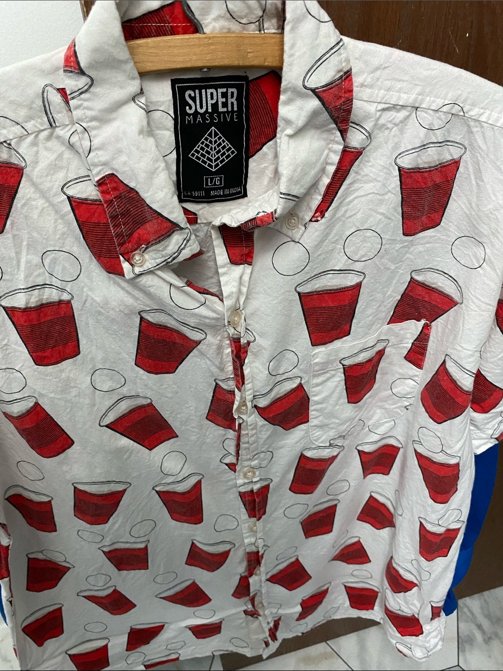 Men’s White Button-Down Shirt with Red Cup Print